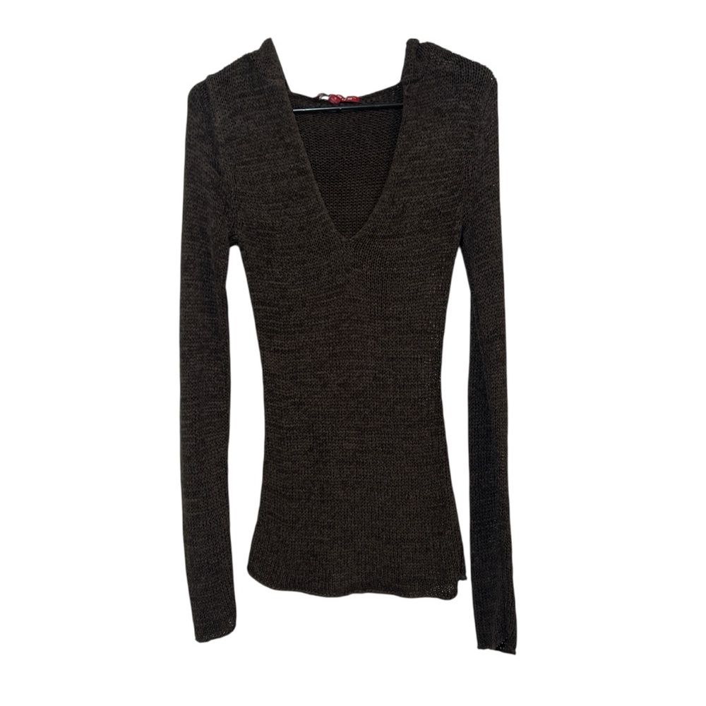 J.J. Basics Vintage Chocolate Brown Open Knit Hooded V-Neck Sweater